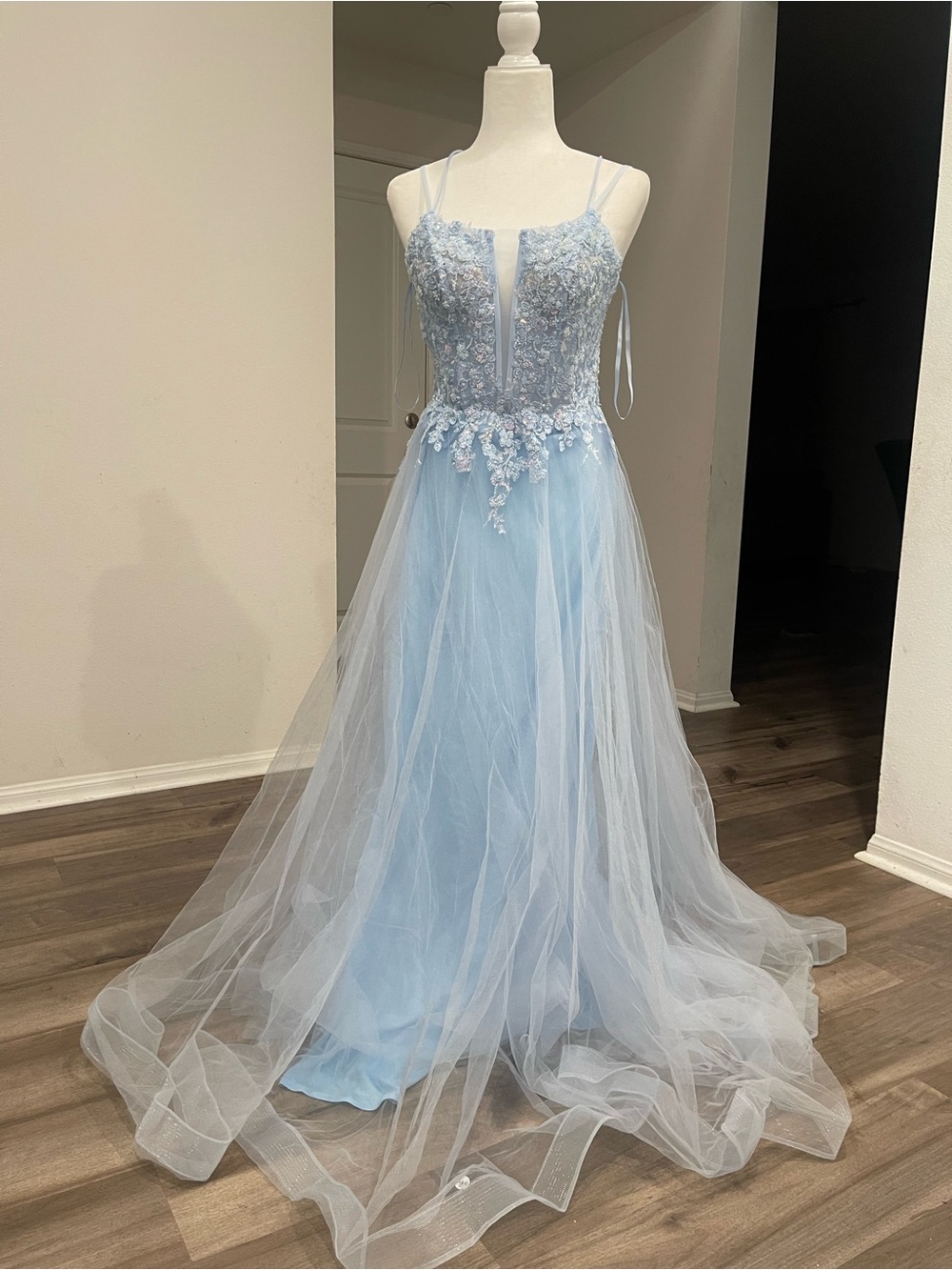 Light Blue Tulle Floral Appliqué Gown